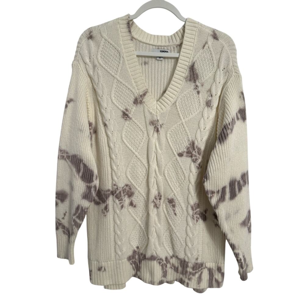 Sonoma Women's Plus Y2K Retro Coastal Beach Tie Dye Cable Knit V Neck Sweater 1X